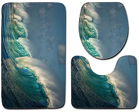 Dreiteilige Badematte, rutschfest Wunderschöne Dekoration, Wasserdicht Und Weich, Riesige Ozeanwelle, Große Toilettenmatte + U-Form-Matte + Toilettensitzabdeckung (Stil 01)