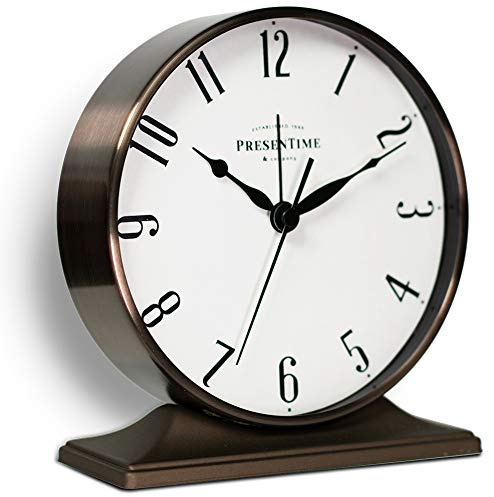 Presentime & Co Lewis Mantel Alarm Clock, Desk and Shelf Clock, Tabletop Decoration, 5.5 x 5 inch, Silent no Ticking, Metal Base, Bronze Finish, Arabic Numeral