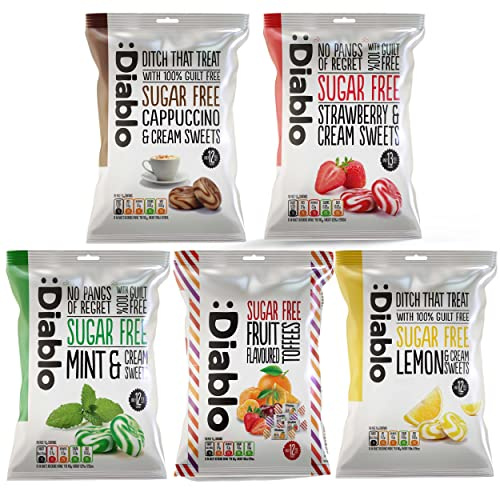 Diablo Retro Sugar Free Sweet Variety Pack - Strawberry & Cream, Lemon & Cream, Cappuccino & Cream, Mint & Cream, Fruit Flavored Toffees - Hard Candy Gift Box, Mother's Day, Father's Day - 5 x 75g