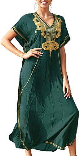 YOUKD Cotton Kaftan Abito Floreale Ricamato Bohemian Beach Bikini Cover Up Robe Plus Size Camicia da Notte per Le Donne