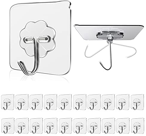 WOVU Wall Hooks 15Kg(Max) Transparent Seamless for Hanging,Waterproof Oilproof Bathroom Kitchen Heavy Duty Adhesive Hooks,Coat Hooks, Utility Towel Bath Sticky Hooks(20Pack)