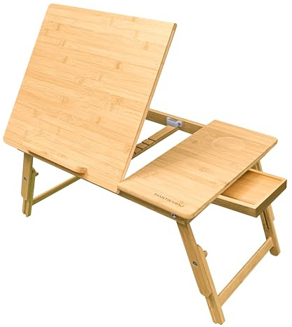 MantraRaj Bamboo Laptop Desk – 52x35cm Adjustable Height 22-30cm with Drawer Ideal for Bed, Sofa or Floor, Perfect for Work, Study, Breakfast, Dinner | Lapdesk | Study Table | Bed Desk | Laptop Stand