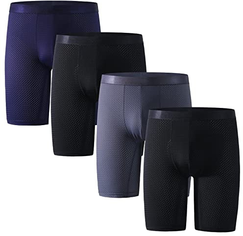 Nuofengkudu Largos Ropa Interior Hombre Seda de Hielo Antirozaduras Boxer Transpirable Sin Costuras/Malla Calzoncillos Humedad Absorbe Comodos Suaves Underwear