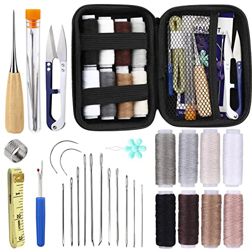 Riddur 29-teiliges Leder-Nähgarn-Set, Lederpolster-Reparatur-Set, Leder-Arbeitswerkzeuge mit Nähnadeln, gebogenen Nadeln, Nähahle, Nahttrenner, Nähset für Anfänger, Profis, Heimwerker