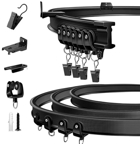 TOKPLNU Curtain Track, 5m Black Flexible Curtain Rail Bendable Curved Ceiling Curtain Track for Bay Window, Wall or Ceiling Mounted Curtain Rail Tracks System for Room Divider, Shower RV Curtains