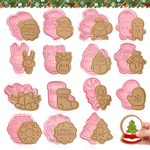 16 Stück WeihnachtenKeksausstecher Ausstecher Set Kunststoff Stempel Ausstechformen, Plätzchenformen für Kinder Fondant Ausstechformen Cookie Backen Form für Zuckerkuchen,und Kekse