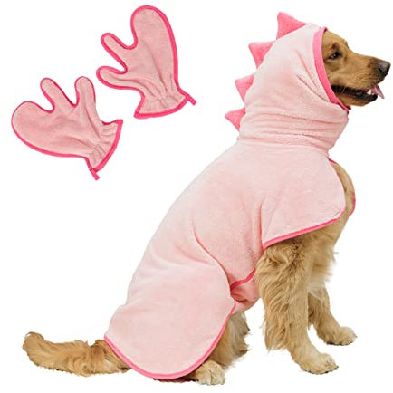 Pawyee Superweiches, schnell trocknendes Hundehandtuch-Set für kaltes Wetter, Strand, Pool, verstellbarer Mikrofaser-Bademantel mit Trockenhandschuhen für Katzen und Hunde (klein, rosa Dino)