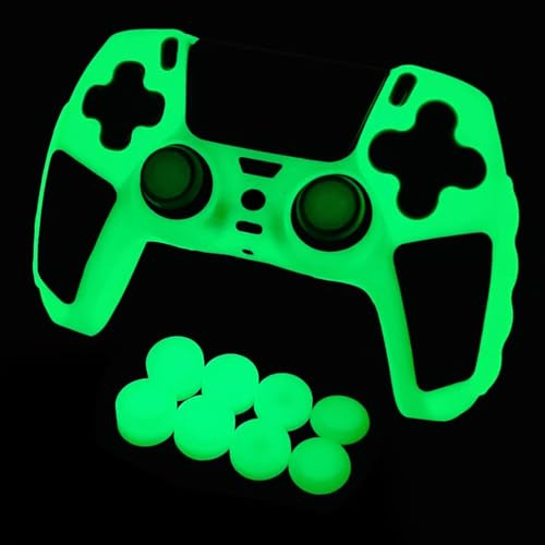 HLRAO Peau de contrôleur PS5 Verte Qui Brille dans Le Noir, Housse de Protection en Silicone cloutée et épaisse, poignées compatibles avec la Manette PS5 avec 10 Capuchons de poignées