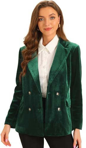 Allegra K Damen Samtblazer Revers Langen Ärmeln Zweireihiger Blazer mit Taschen Dunkelgrün L