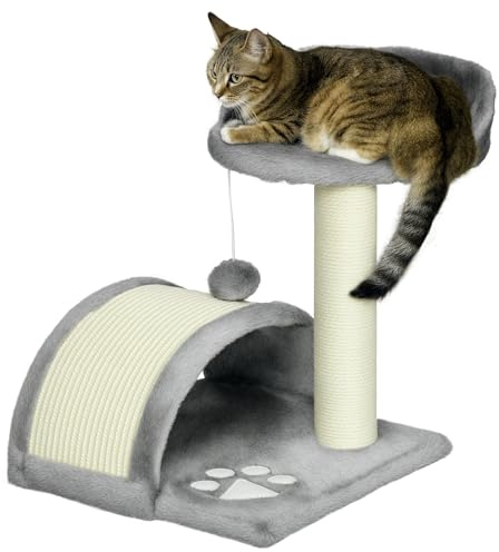PawHut Árbol Rascador para Gatos Pequeños Altura 46 cm de 2 Niveles Árbol para Gatos con Poste Tablero para Rascar Plataformas y Juguete de Bola Colgante 35,5x37x46 cm Gris