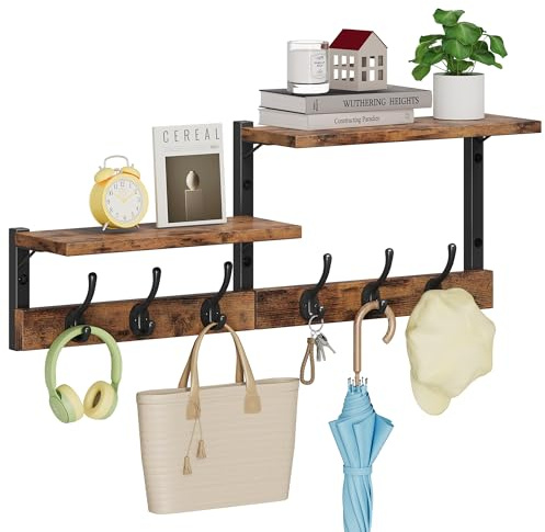 Homeiju 28.7 Coat Rack Wall Mount with Shelf, Key Hooks for Wall with Shelf, Coat Hooks Wall Mounted with 6 Heavy Duty Double Hooks for Bedroom,Living Room, Rustic Brown