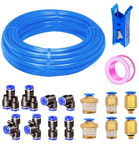 HUAZIZ Tubo Pneumatico in Poliuretano Blu da 10 m, Tubo Pneumatico in Poliuretano da 5/16 Pollici, Diametro Esterno 8-mm con 14 Connettori Pneumatici +1 Taglierino per Tubi +1 Rotolo di Nastro Adesivo