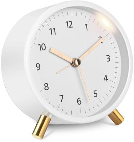 TIDEVAN Reloj Despertador Analógico Reloj Despertador de Metal Redondo Blanco Despertador Analógico Silencioso sin Tictac con Luz Nocturna para Dormitorio Oficina Viajes