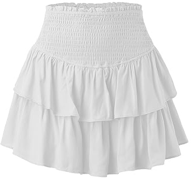 Minigonna sexy da donna, a Ruffle, casual, sexy, con volant, tinta unita, gonna a pieghe a vita alta, elasticizzata, a linea ad A, minigonna attillata, O bianco., S