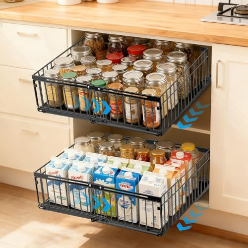 EOJDDPA Cassetto estraibile da cucina, 2 cassetti telescopici, larghezza regolabile 30-51 cm, senza foratura, extra stabile e resistente, organizer da cucina universale 40 x 15 cm