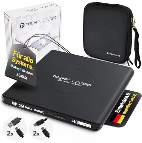 techPulse120 Unidad externa USB 3.1 USB-C UHD 4K 3D M-DISC Blu-ray DVD CD HDR10 128GB Unidad Grabadora Burner Signature Paquete Bolsa 90 cm Cable de conexión Aluminio (Negro)