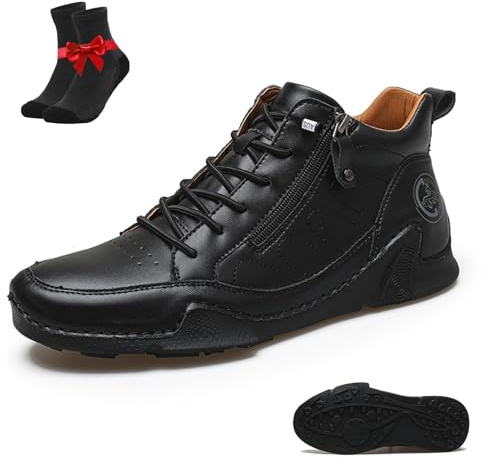 Pumio Men'S Slip-On Orthopedic Leather Shoes,Side Zipper Non-Slip Waterproof Driving Chukka Boots,Lightweight Dress Boots (Black,10)