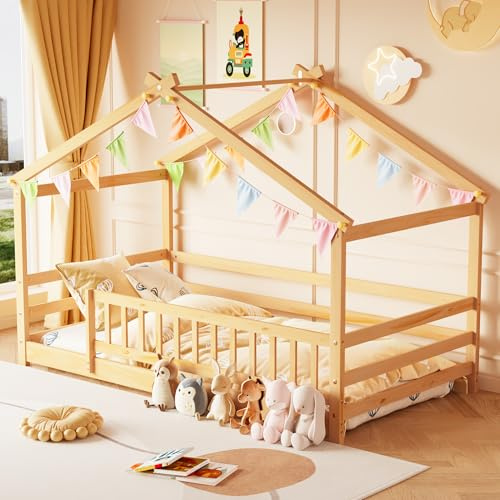 Redpick Twin House Bed, Montessori Floor Bed with Headboard & Footboard, Solid Wood Bed Frame for Toddlers Teens Bedroom (Natural, Floor Bed with Fence)