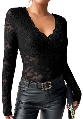Blusa De Encaje para Mujer - Camisa Mujer Elegante Parte Superior Transparente Camiseta Ajustada Festival Club Manga Larga Ropa Malla Primavera Básica Blusas Negro XL