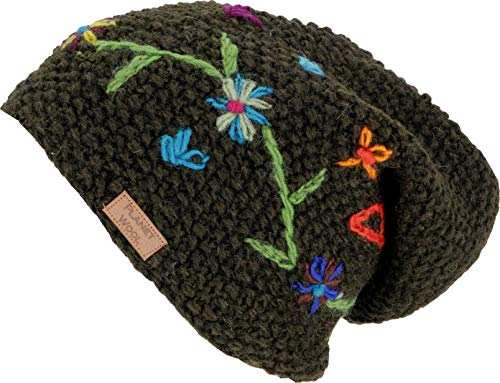 GURU SHOP Beanie Mütze, Bestickte Strickmütze, Nepalmütze, Wintermütze - Dark Olive, Herren/Damen, Wolle