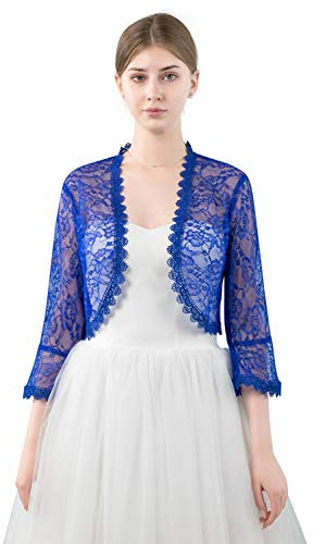Central Chic Cárdigan tipo bolero de encaje para mujer, con frente abierto, para bodas, novias, damas de honor, vestidos de noche, tallas S-M, azul cobalto, talla única