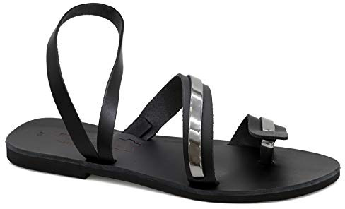 Emmanuela - Sandalias de piel griegas hechas a mano con anillo para el dedo del pie, zapatos de verano para mujer, sandalias planas con tira al tobillo, mulas de oro rosa y plata, Multicolor 2, 40 EU