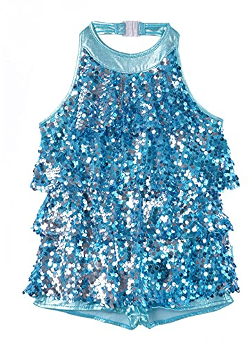 Aislor Girls Kids Modern Jazz Latin Tutu Dress Ballet Dance Outfit Stage Performance Costume Shiny Dancewear Blue 9-10 Years
