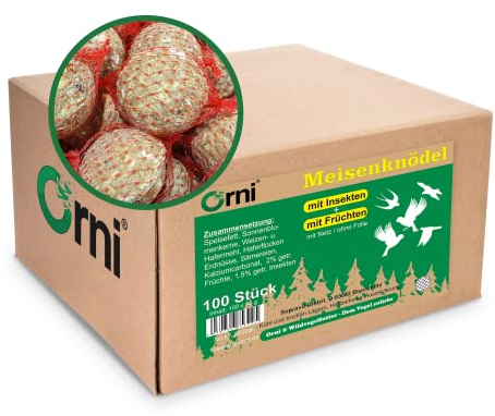 Orni 100 Stück Insektenknödel mit Netz | Leckere Meisenknödel mit Insekten für heimische Wildvögel | ganzjährig für Frühling, Sommer, Herbst und Winter | Fettfutter zum Aufhängen