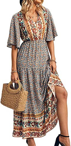 Women's Summer Casual Maxi Dress Bohemian Floral V Neck Puff Short Sleeve Ethnic Style Beach Tiered Sundress Long Swing Dress (Yellow, Medium)