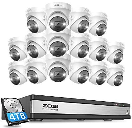 ZOSI 4K Kit de Cámaras de Vigilancia PoE 16pcs Cámaras de Seguridad Exterior con 16CH 8MP H.265+ Grabador NVR, Visión Nocturna en Color, Alarma de Luz y Sirena, Audio, 4TB HDD Incluido