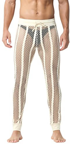 AIEOE Herren Muskelleggings Slim Fit Netzhose Durchsichtig Mesh Unterwäsche Männer Jogginghose Beige Größe M