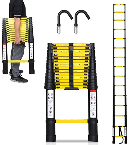 Cecaylie Teleskopstege i aluminium med avtagbar krok, 4,4 meter lång utdragbar stege, halkfri aluminiumstege, stående stege, multifunktionsstege med 150 kg lastkapacitet, svart/gul
