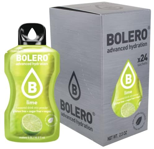 Bolero LIME 24x3g | Jus en poudre sans sucre, édulcoré à la stévia + vitamine C | pour enfants et sportifs | sans gluten, végétalien | saveur citron vert