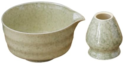 Sharplace Bol à Matcha en Céramique - 2 Pièces, Bol à Thé Traditionnel Japonais Avec Bec Verseur et Support de Fouet - Couleur Matcha