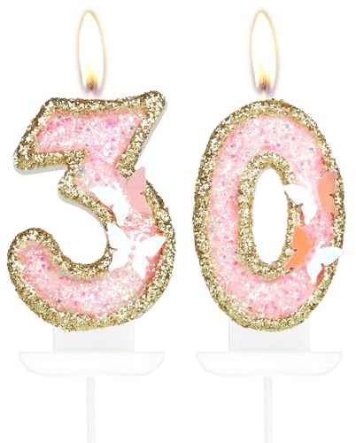 Fjäril 30-årsdag sifferljus, rosa guld cupcake topper för tårtdekorationer för flickor