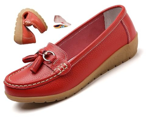 ZPLMIDE Mocasines ortopédicos para mujer de cuero transpirable, de ajuste ancho, mocasines clásicos de tacón de cuña, mocasines casuales sin cordones, zapatos de senderismo, Red, 37 EU