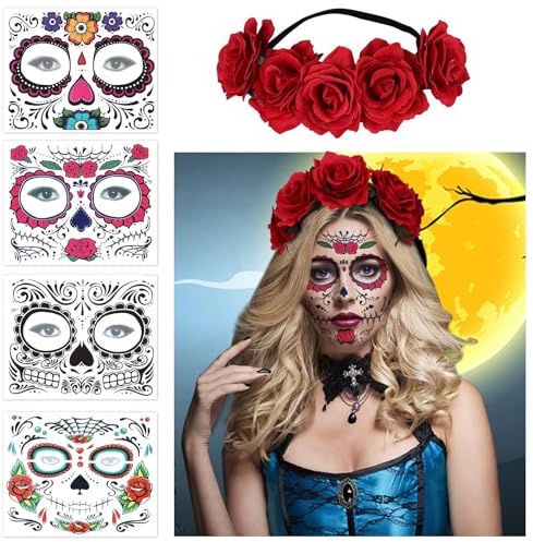 Halloween ansiktsställ, halloween de dödas dag diadem, halloween ansikte tillfälliga tatueringar, de dödas dag tatueringar dödskalle, barn vuxna smink ansikte tatuering för halloween (C)
