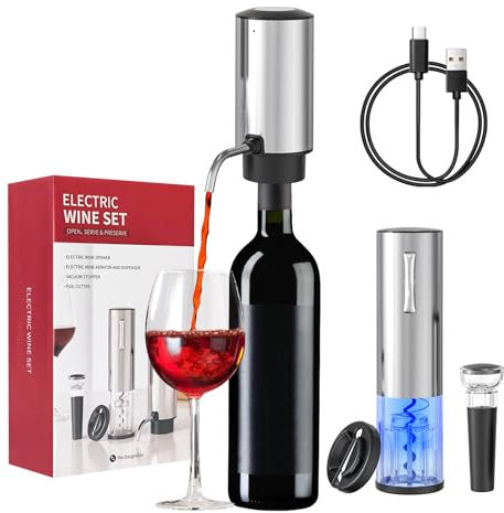 Todeco Tire Bouchon Electrique 4 en 1 Coffret Cadeau avec Ouvre Bouteille Rechargeable, Aérateur de Vin Automatique, Coupe-Capsule, Bouchon à Vide et Câble USB, pour Cadeau Noël Fêtes