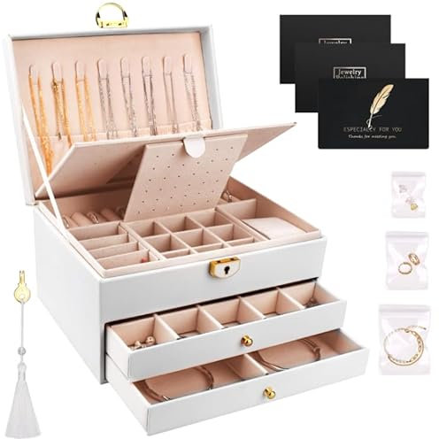 TEGOVE Porta Gioie,Scatola Portagioie A 3 Livelli,Portagioie Da Viaggio Per GioielliPortagioie Con Specchio Con 2 Cassetto,Per Anelli,Bracciali,Orecchini,Collane,Chiudibili Con Chiave