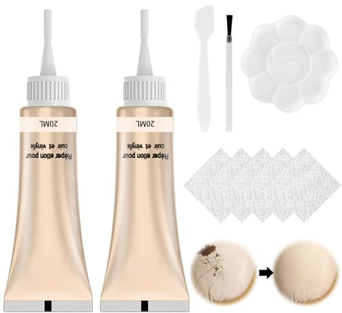 QEEROYO Set di riparazione in pelle, 2 x 20 ml, in ecopelle, per la riparazione della pelle, per la riparazione di auto, divani, giacche in pelle, scarpe, graffi, fori, beige