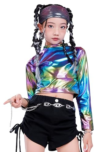 LOLANTA Top Corto Metallizzato da Bambina, Mezza Dolcevita, Maglia da Ballo Scintillante e Scintillante per Hip Hop, Disco, palco e Feste, Multicolore, 8-9 Anni, 140