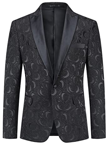YFFUSHI Blazer Homme en Jacquard Veste Smoking Luxe Élégante à 1 Bouton Veste de Costume Mariage Soirée, Noir, L