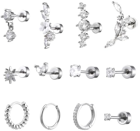 HJZHII Helix Piercing Earrings, 16G Cartilage Tragus Ear Jewellery Stainless Steel Flat Back Earring Stud Rhinestones (12)