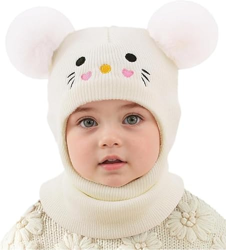 AYPOW Baby barn vintermössa balaclava för 0,5–6 år, multifunktionell termisk vindtät stickad mössa, sjalhatt för flickor pojkar småbarn, slip-mössa huva, mössa för utomhusaktiviteter, Katter vita, one