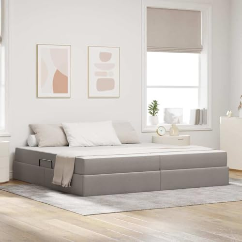 Bucmath Förvaringssäng med madrass, brungrå 200 x 200 cm, polyester, metallram, hydraulisk lyft, rymligt förvaringsutrymme, moderna sovrumsmöbler