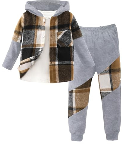 Completo Bambino con Cappuccio a Maniche Lunghe e Stampa Patchwork a Quadri per Attivita All'aperto (Brown, 6-7 Years)