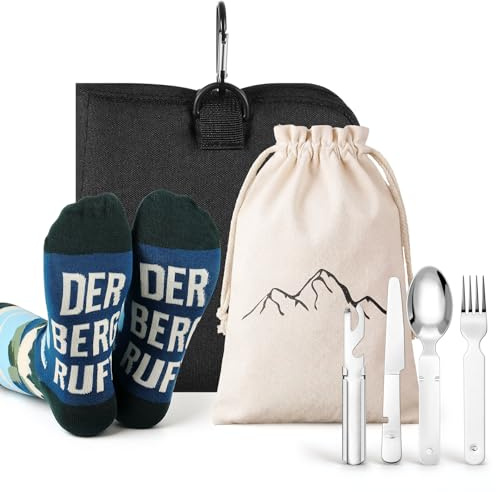 Namalu 6er Camping Geschenke Set für Männer Damen Camping Besteck Outdoor Besteck für Unterwegs Lustiges Socken Der Berg Ruft Sitzkissen Canvas Tasche Wandern Geschenk Outdoor Wandern Zubehör