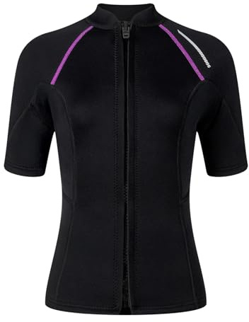 AMhomely Wetsuit Tops Women-1.5MM Thermal Short Sleeve Swim Shirts,Front Zip Surfing Jacket,Diving Coat,Colorblock,Swimwear Tops for Snorkelling, Swimming and Water Sports A Black M