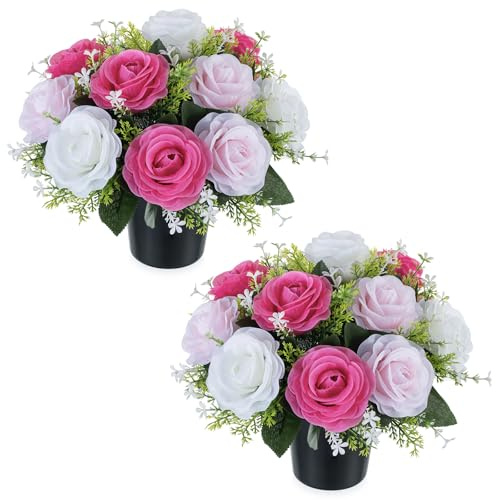 BLOSMON Macetas con Flores Artificiales para tumbas, 2 Piezas | Rosas Rosa Blanco de Seda para Decorar cementerios en macetas para Decoraciones Exteriores, Ramo Floral funerario Artificial