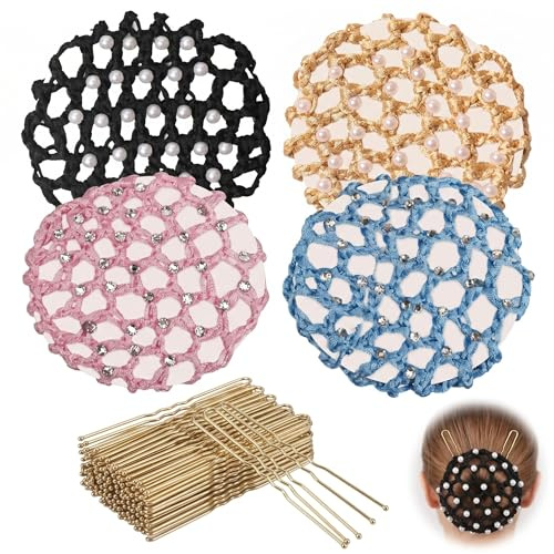 PYRUVAE 4 Pezzi Retine per Chignon Bambina e Donna con Perle e Brillantini, Include 50 Forcine a U Oro, Retina per Capelli Elastica per Danza Classica, Balletto, Pattinaggio e Equitazione (4 Colori)